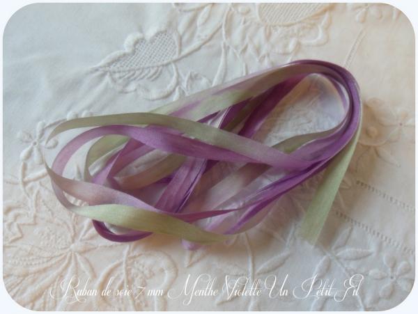 Ruban soie 7 mm menthe violette un petit fil