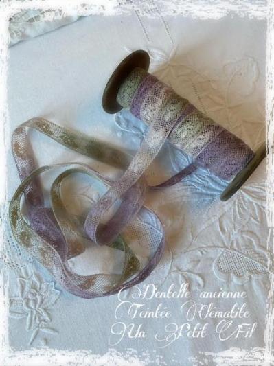 Dentelle ancienne teintee clematite un petit fil