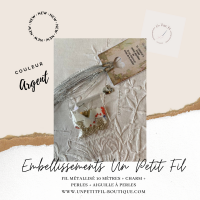 Embellissements Fil Métallisé Argenté (assortiment fil, perles, charm et aiguille)