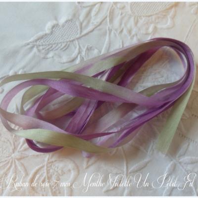 Ruban soie 7 mm menthe violette un petit fil